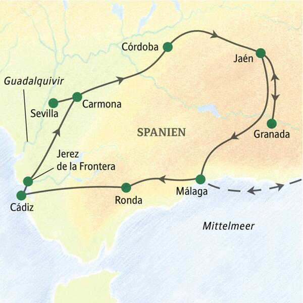 Reiseverlauf der Andalusien Rundreise.
