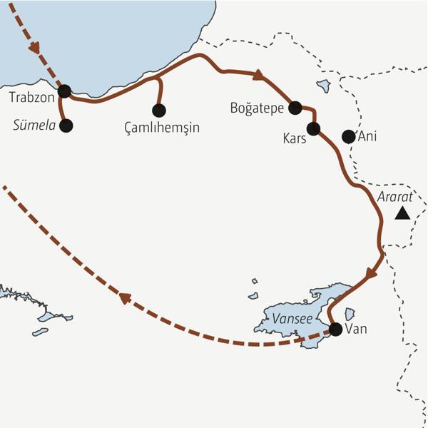 Reiseverlauf der Marco Polo Entdeckerreise durch die Nordosttürkei.