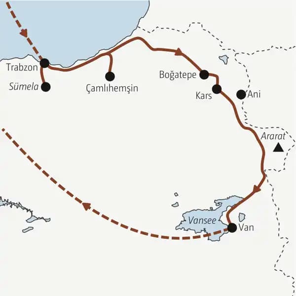 Reiseverlauf der Marco Polo Entdeckerreise durch die Nordosttürkei.