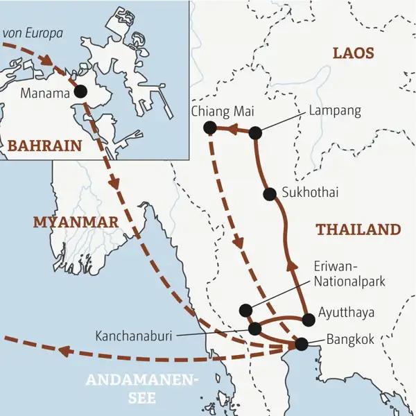 Reiseverlauf der Thailand und Bahrain Entdeckerreise.