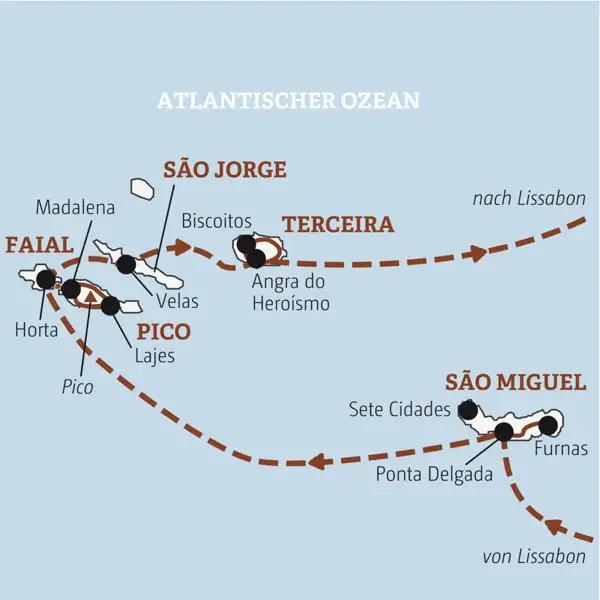 Reiseverlauf der Azoren - Portugal Reise.