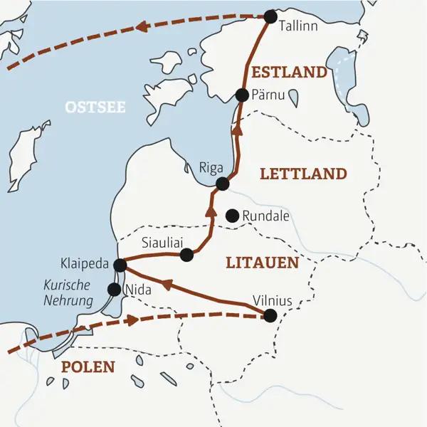 Reiseverlauf der Litauen, Lettland, Estland Marco Polo Entdeckerreise.