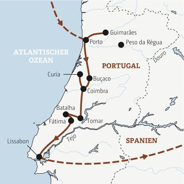 Reiseverlauf der Portugal Entdeckerreise - von Porto nach Lissabon.