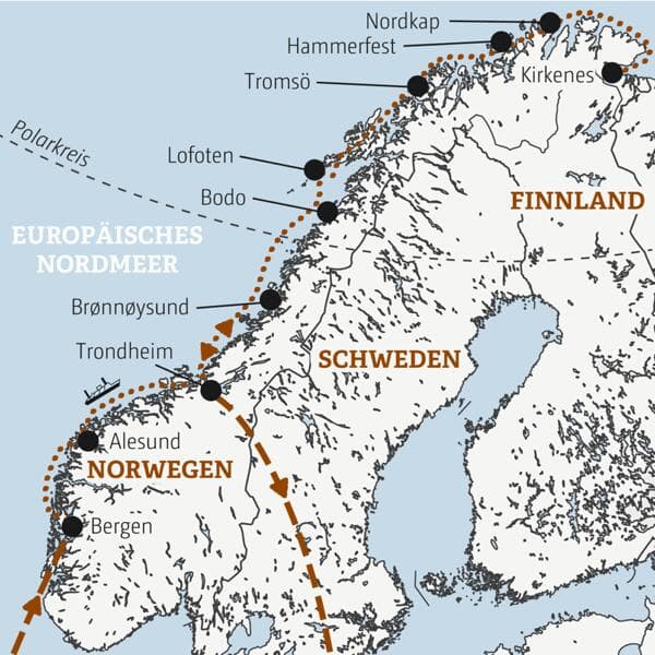 Karte der Hurtigruten Reise mit eingezeichnetem Verlauf der Marco Polo Reise