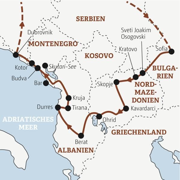 Reiseverlauf der Bulgarien, Nordmazedonien, Albanien und Montenegro Marco Polo Entdeckerreise.
