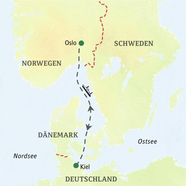 Karte von Deutschland und Norwegen mit eingezeichnetem Verlauf