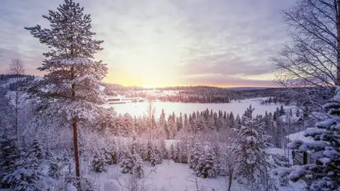 Bei der Reise durch Finnland sehen wir viele traumhafte Winterlandschaften mit zugefrorenen Seen bei Sonnenuntergang.