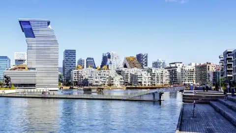 Das Munch Museum in Oslo am Hafen mit umliegenden modernen Häusern.