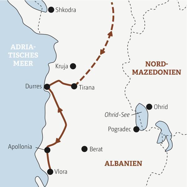 Reiseverlauf der Albanien Gruppenreise mit optionalen Ausflügen nach Berat, Skhodra und an den Ohrid-See.